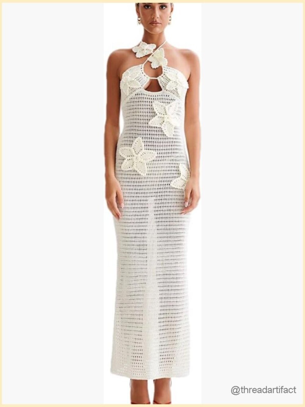 Halter 3D Flower Knitted Hollow Out Beach Dress Swimsuit Cover Up Maxi Party